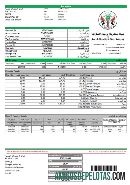 Para baixar modelo de conta de serviços públicos da autoridade de eletricidade e água de Sharjah nos Emirados Árabes Unidos em formatos Word e PDF